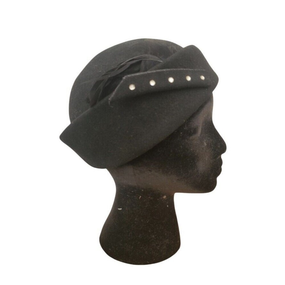 Vintage Premier Black Hat Feather Accent Women Medium Wool(?) Pillbox Church